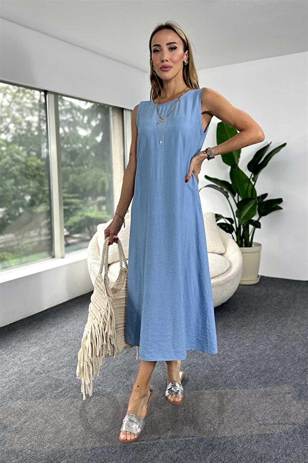Women's Modal Fabric Midi Sleeveless Bell Dress - Blue