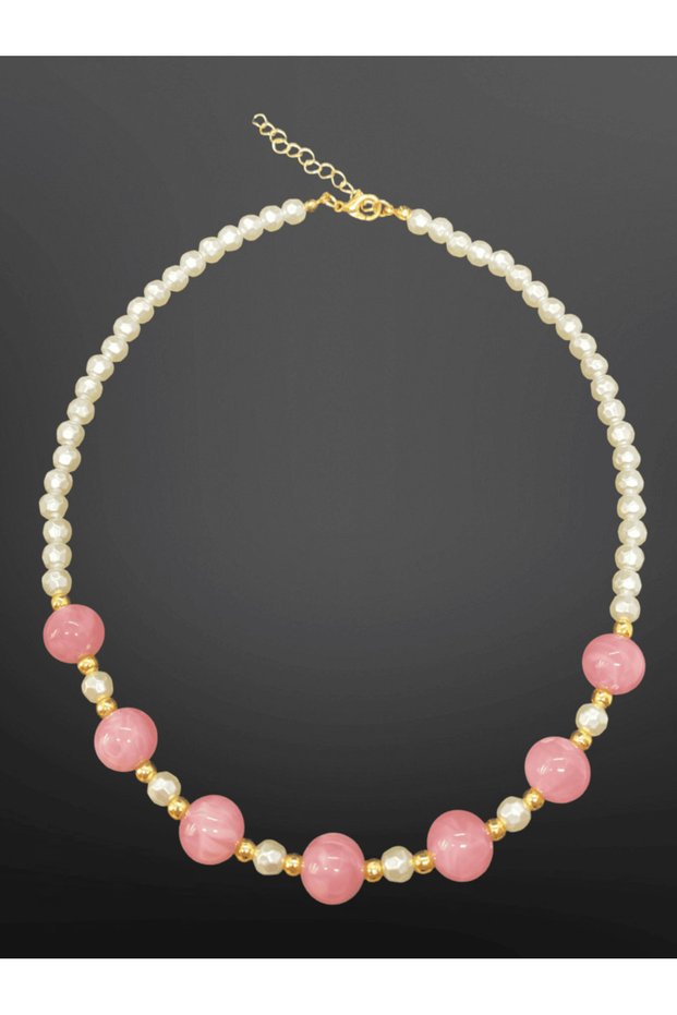 Pink Color Stylish Bead Detailed Round Pearl Model Handmade Elegant Women's Bijoux Necklace
