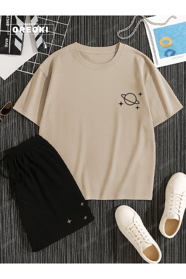 Jupiter and Little Stars Printed Cotton Unisex Beige T-Shirt-Black Shorts Set