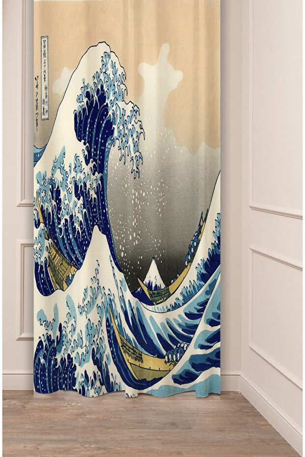 Katsushika Hokusai Great Wave Sea Ocean Famous Work Patterned Digital Printed (Single Wing) Background Curtain