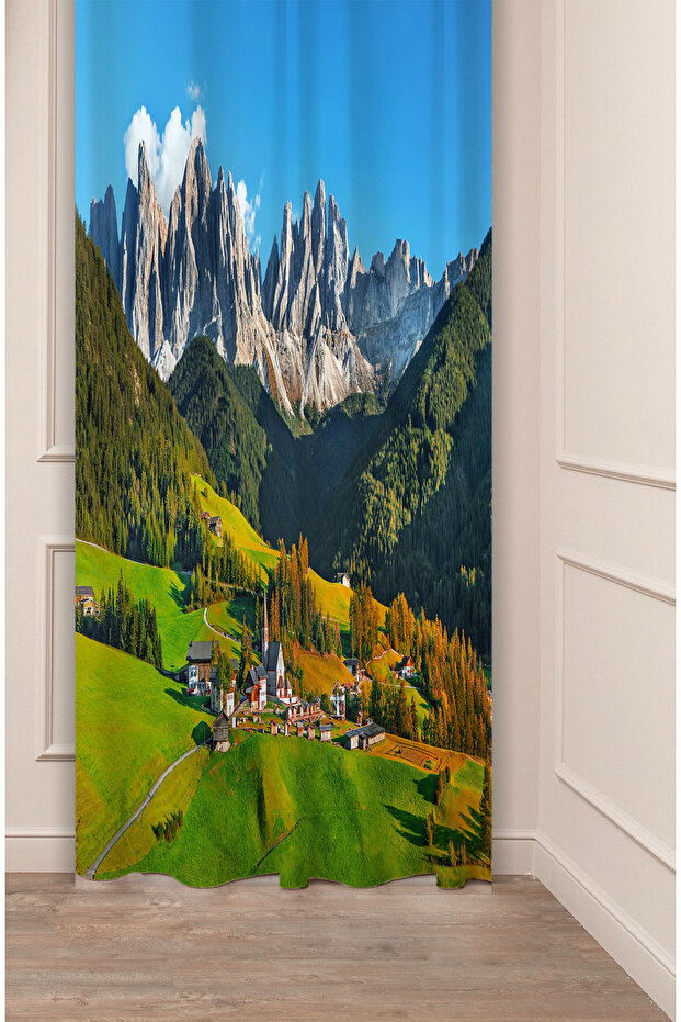 Highland Forest Nature Scenery Mountain Pine Tree Landscape Tranquility Patterned Digital Printed (Single Panel) Stylish Background Curtain