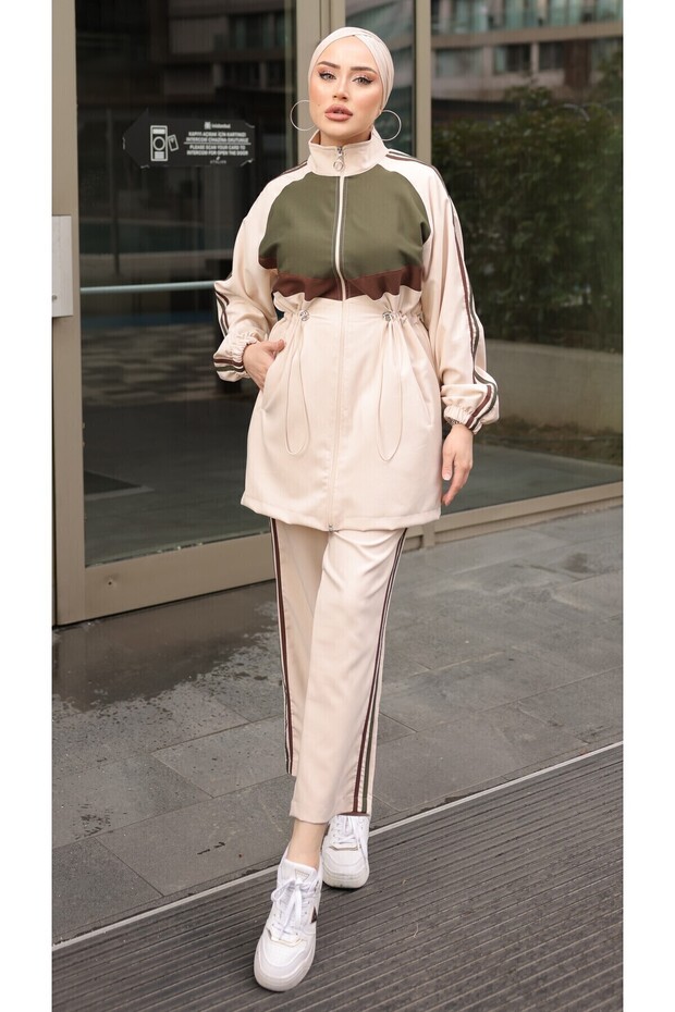 Hijab Tracksuit Set with Zipper, Double Set - Bottom and Top Set