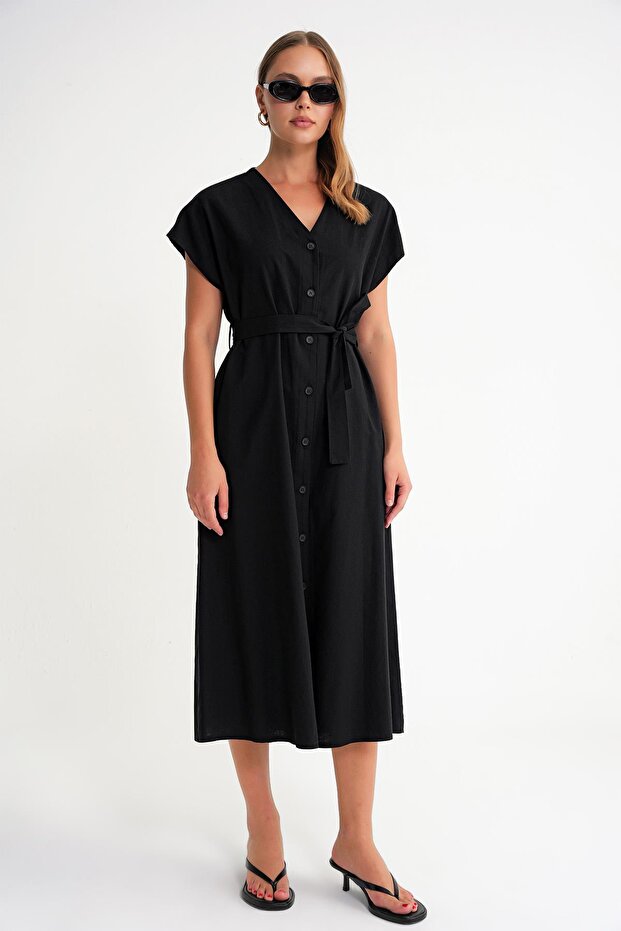 4721 Women's V-Neck Button Detailed Linen Dress Black