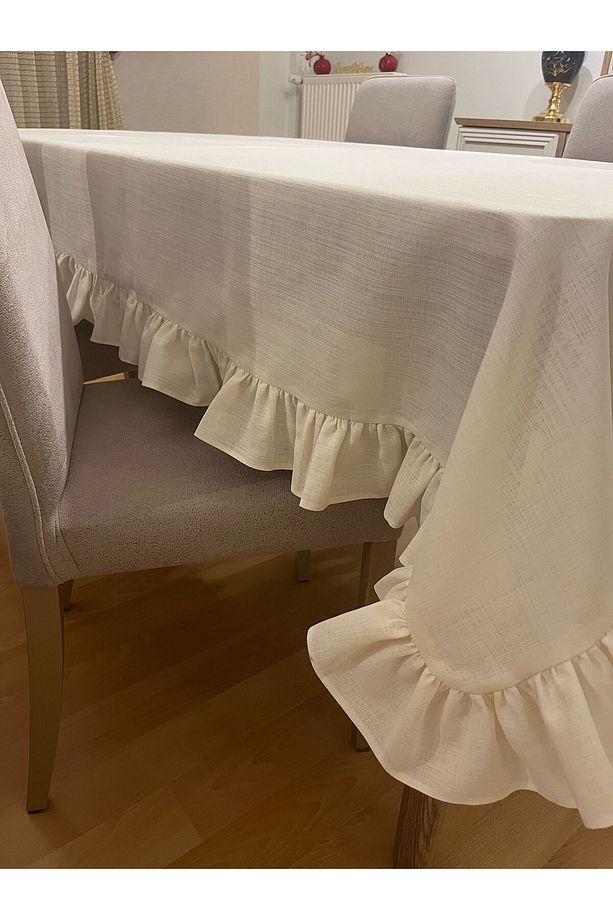 Fırfırlı Simsiz Polyester Keten Dertsiz Masa Örtüsü Krem - 8