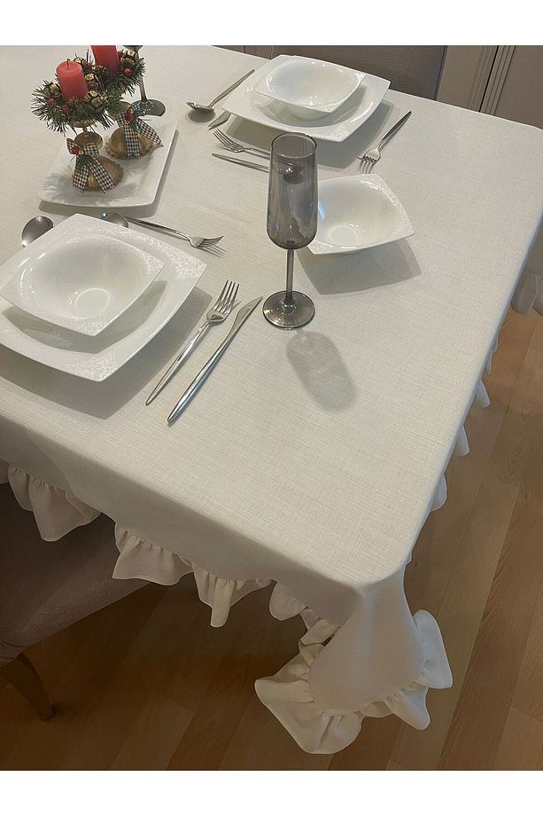 Fırfırlı Simsiz Polyester Keten Dertsiz Masa Örtüsü Krem - 4