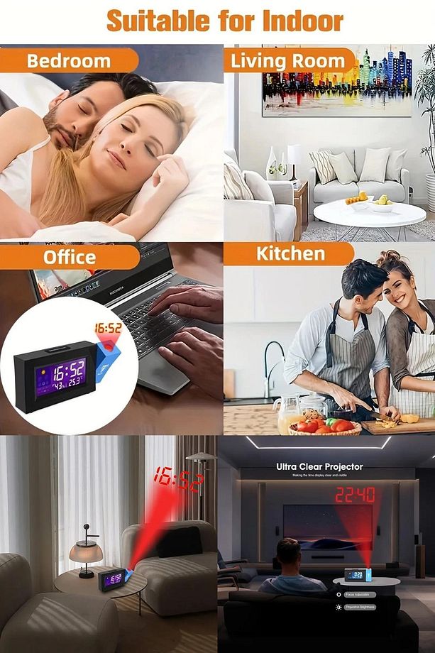 Djital Ekranlı Projeksiyon Duvara Zaman Yansıtan Alarm Saat LCD Ekranlı,USB Destekli, Modern Tasarım - 5