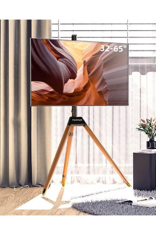 Tripod TV Stand with Swivel & Tilt, Wooden Tripod Base for 32-65 Inch Screens, Corner Floor TV