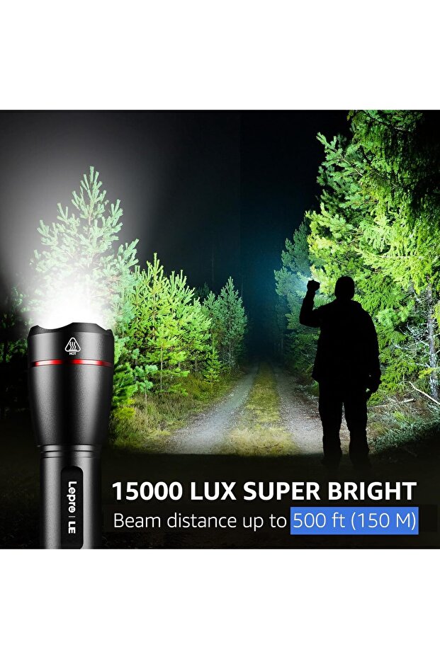 LED Flashlight Rechargeable, 15000 Lux, 5 Modes, Zoomable, USB Rechargeable, IPX4
