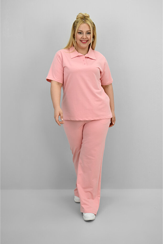 Women's Plus Size Short Sleeve Polo Neck Tracksuit Set 8188-25