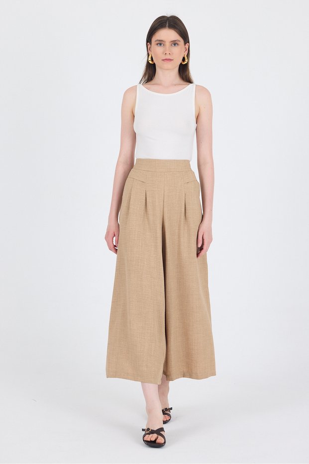 Mink Cotton Linen Textured High Waist Pleated Palazzo Trousers 4819A