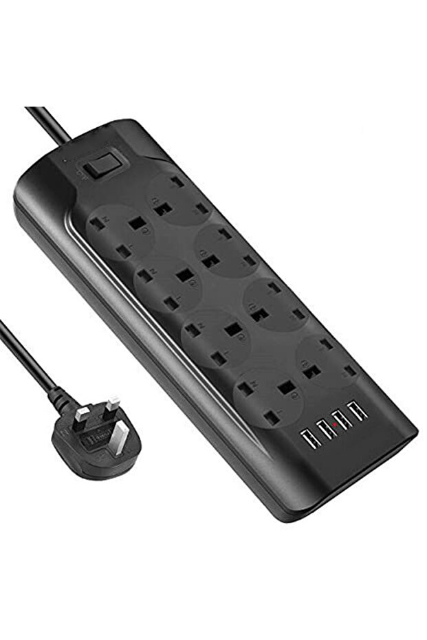 مقبس طاقة قياسي بريطاني للأسلاك المنزلية والمكتبية، مقبس ذو 8 فتحات مع 4 منافذ USB