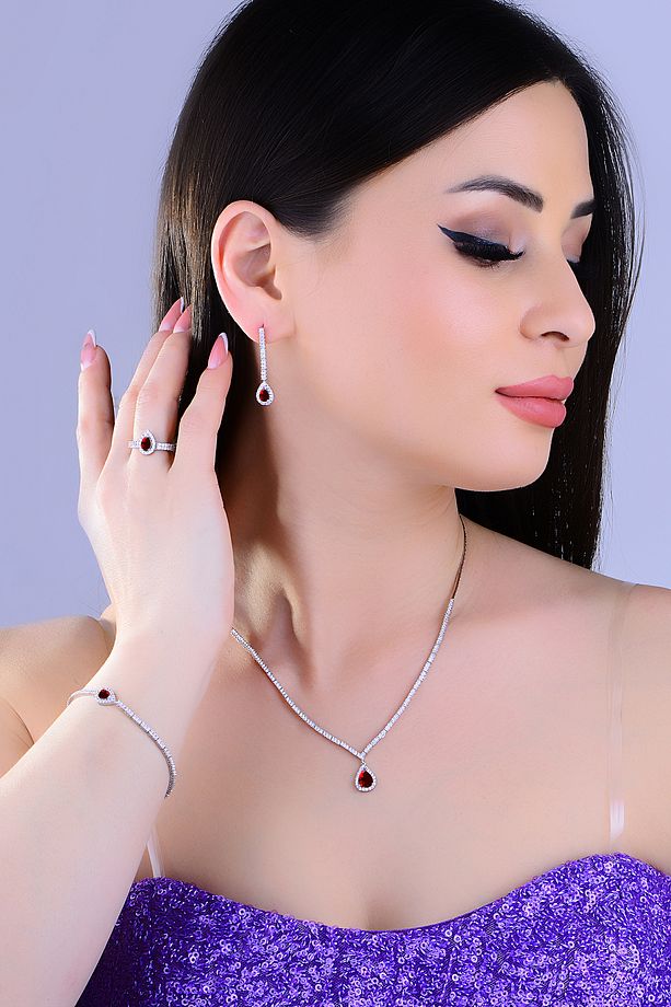 925 Ayar Gümüş Pırlanta Montür V Model Damla Taşlı Zarif Su Yolu Set - 1