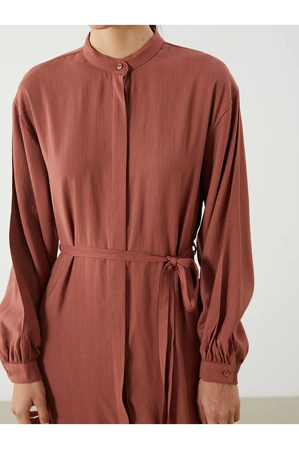 LCW Modest Pembe Hakim Yaka Kuşaklı Keten Karışımlı Gömlek Elbise - 3