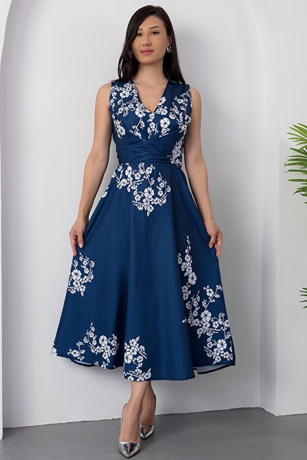 Kruvaze Yaka Bağlamalı Elbise GRS3776 - 5