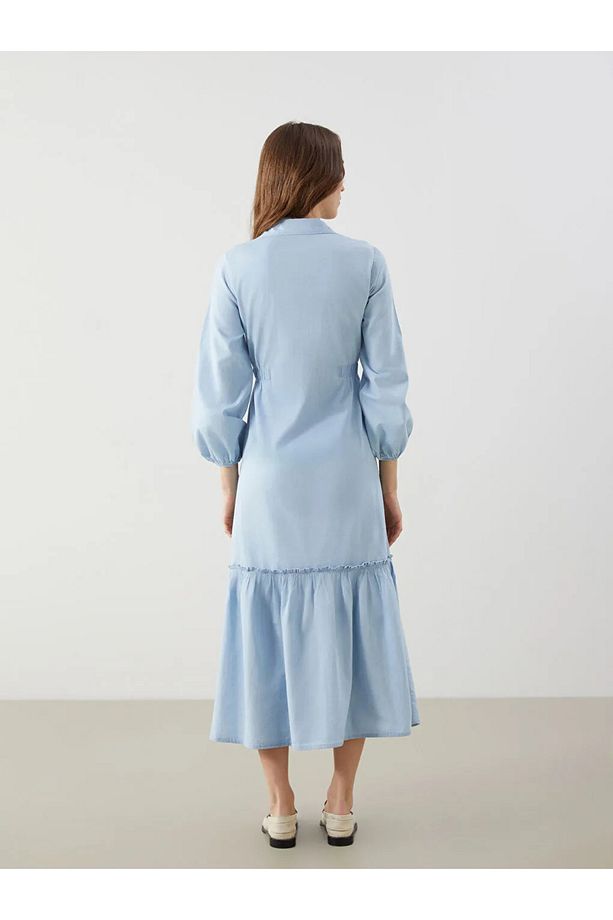LCW Modest Indigo Gömlek Yaka Kadın Jean Elbise - 4