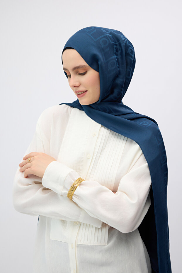 İpek Jakar Monogram Şal Lacivert - 3