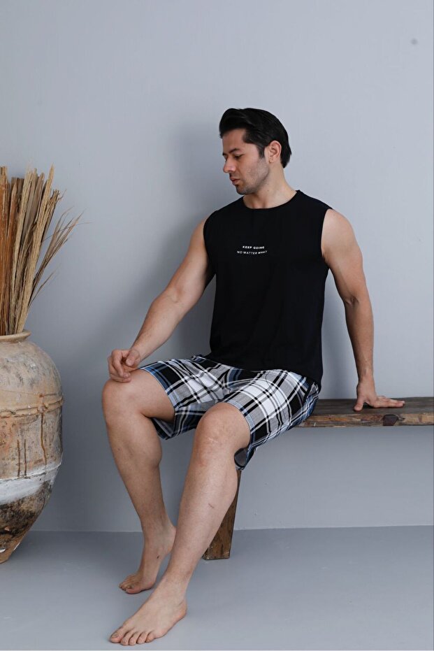 Erkek %100 Organik Pamuk Siyah Sıfır Kollu Ekose Şortlu Doğal Kaliteli Pijama Takımı - 2