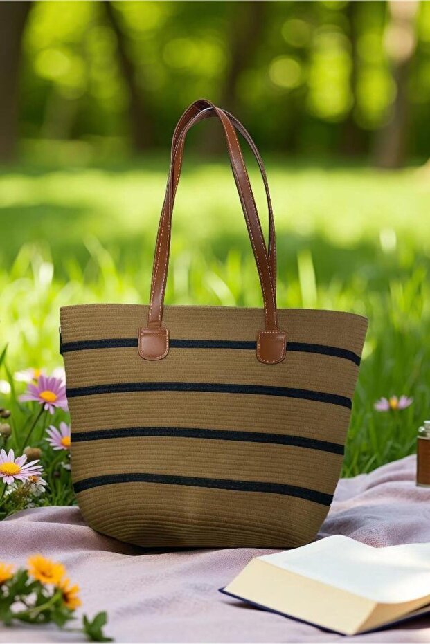 Brown Straw Black Striped Beach Bag