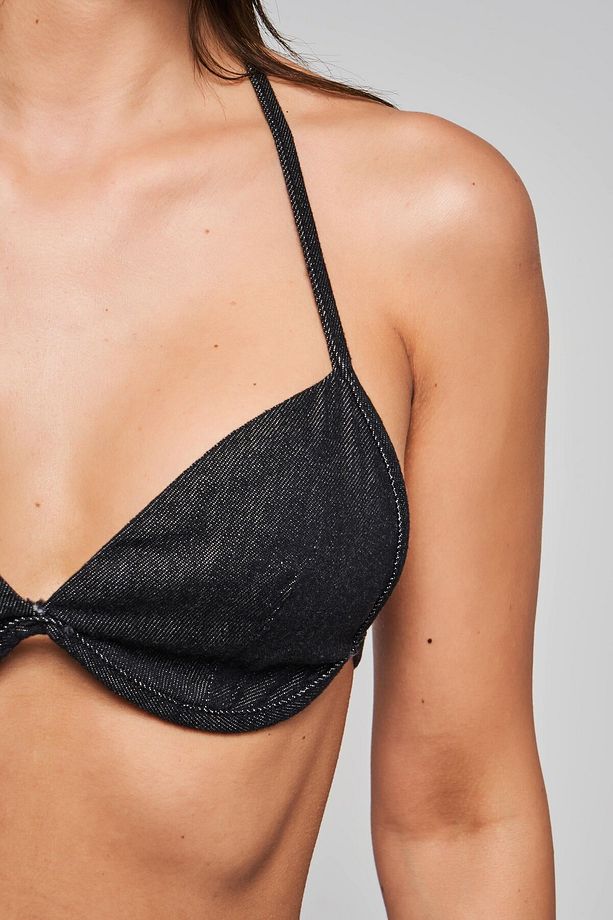 Kadın Siyah Renk 1s5-1 %100 Koton Denim Kumaş Arkadan İpli Denim Bikini Üstü - 4