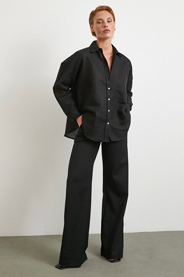Cepli Oversize Keten Gömlek Siyah - 2