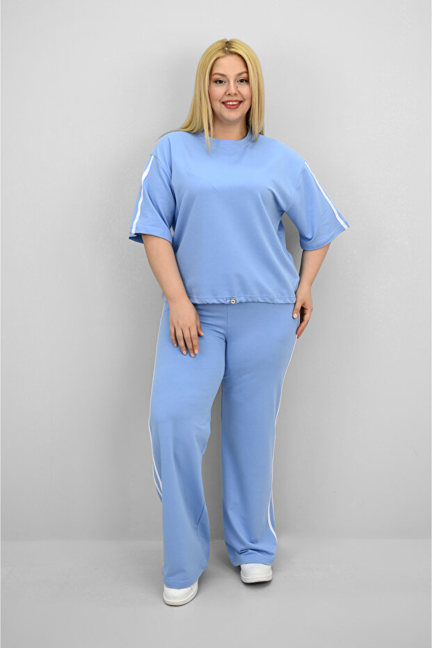 Women's Plus Size Stripe and Waist Drawstring Detail Short Sleeve Tracksuit Set 8197-25