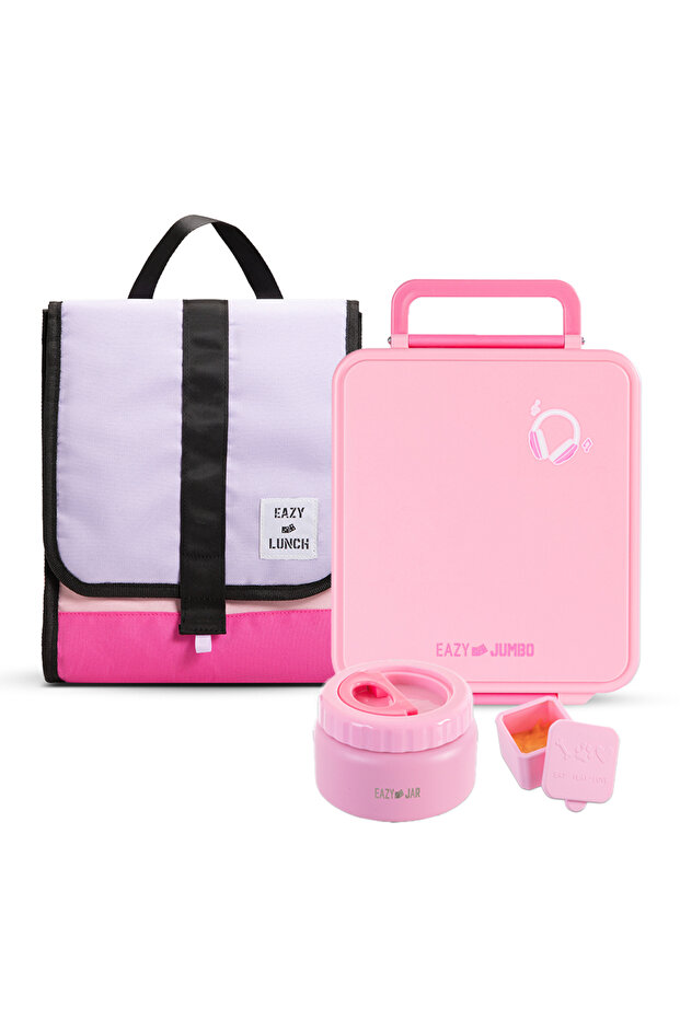 Jumbo Bento Lunch Box w/ Lunch Bag, Thermos&Dip Jar-Pink