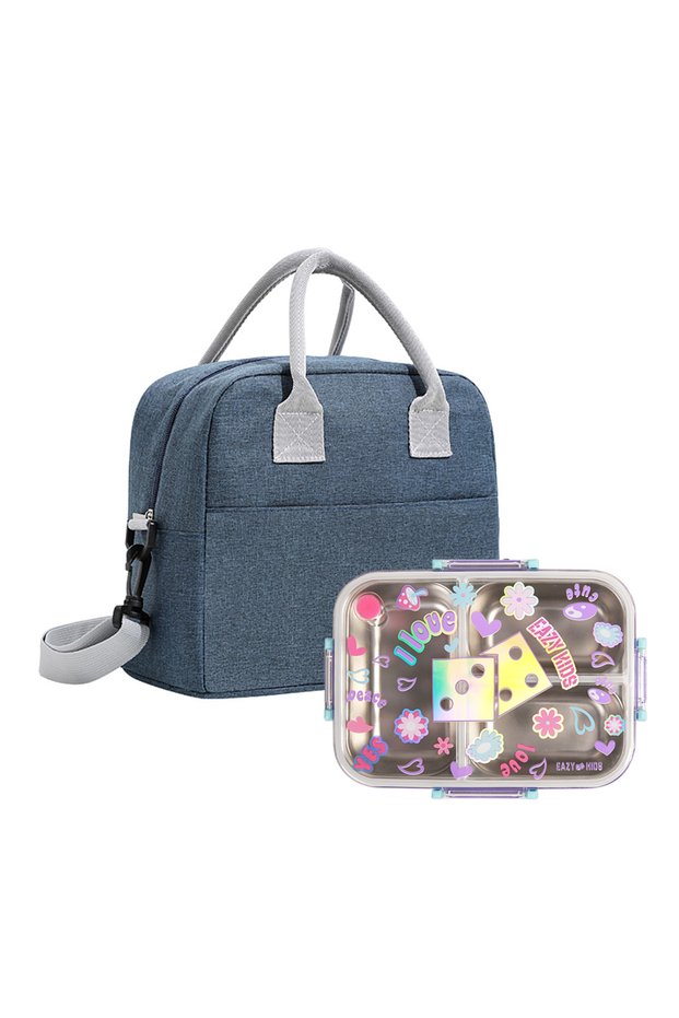 3 Compartment Stainless Steel bento Lunch Box, 800ml w/ Lunch Bag-Floral Purple
