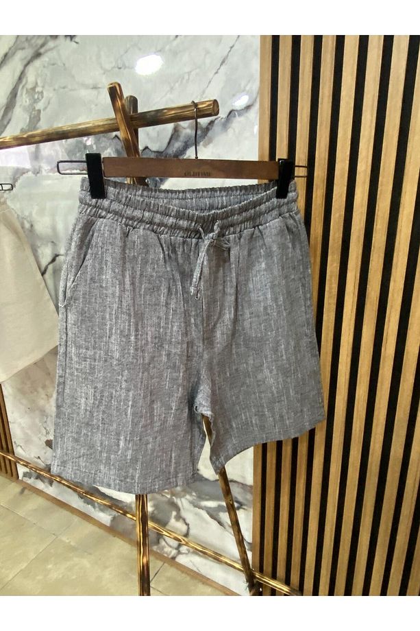 Erkek Beli Bağcıklı Pamuk Keten Şort - 1