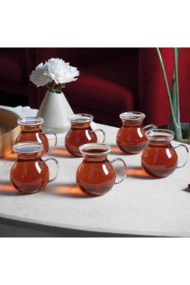 Set of 6 Borosilicate Chubby Keyf I Ala Glass Tea Cup with Handle 200 ml