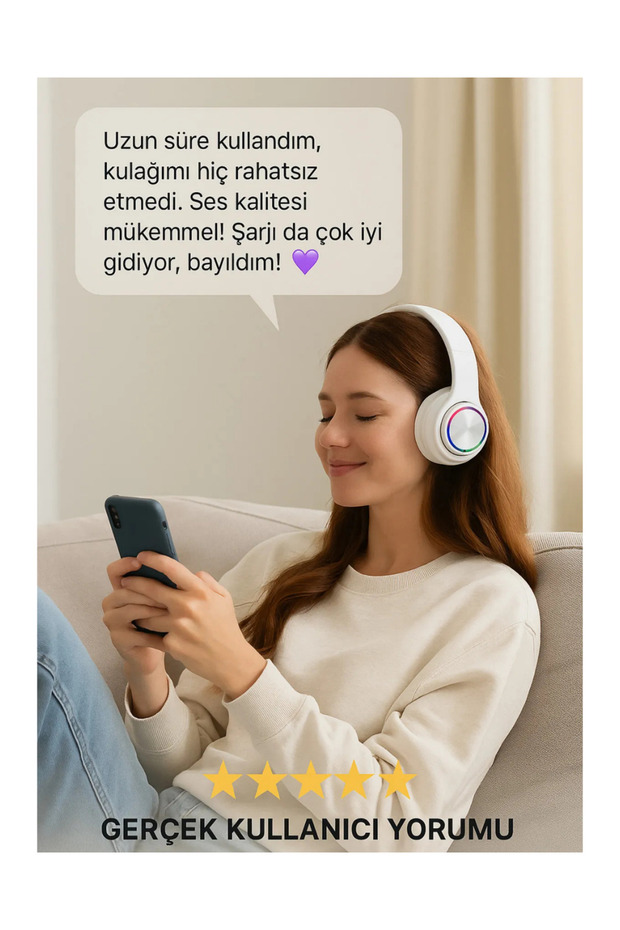 RGB Işıklı Kablosuz Bluetooth Kulak Üstü Kulaklık | Müzik, Oyun, Mikrofonlu, Katlanabilir - 5