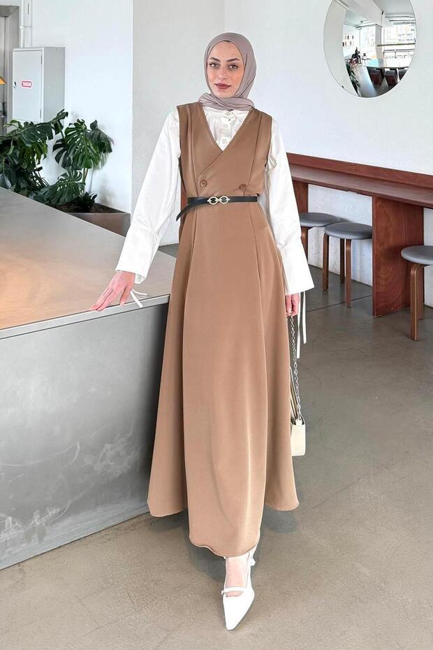 Button Detailed Sleeveless Hijab Dress Chocolate Brown