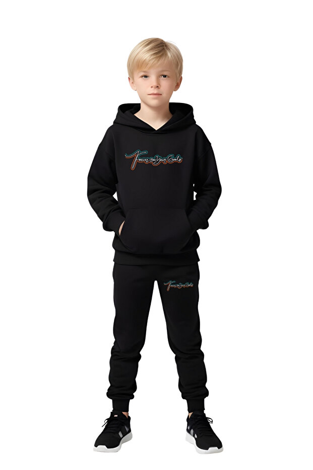 Boy's Tracksuit Set with Hooded Kangaroo Pocket and Text Print