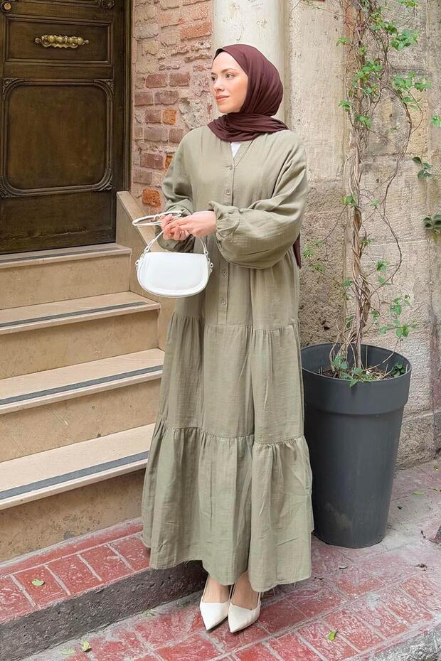 Front Half Button Detailed Muslin Fabric Hijab Dress Oil Green