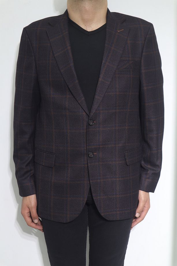 DMC TEKSTİL Erkek Koyu Kahve Ekose Kareli Klasik Kesim Rahat Kalıp Çift Düğmeli 4 Drop Blazer Ceket - 2