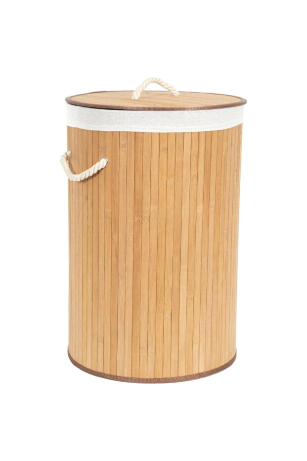 Foldable Round Bamboo Laundry Basket with Lid - 1