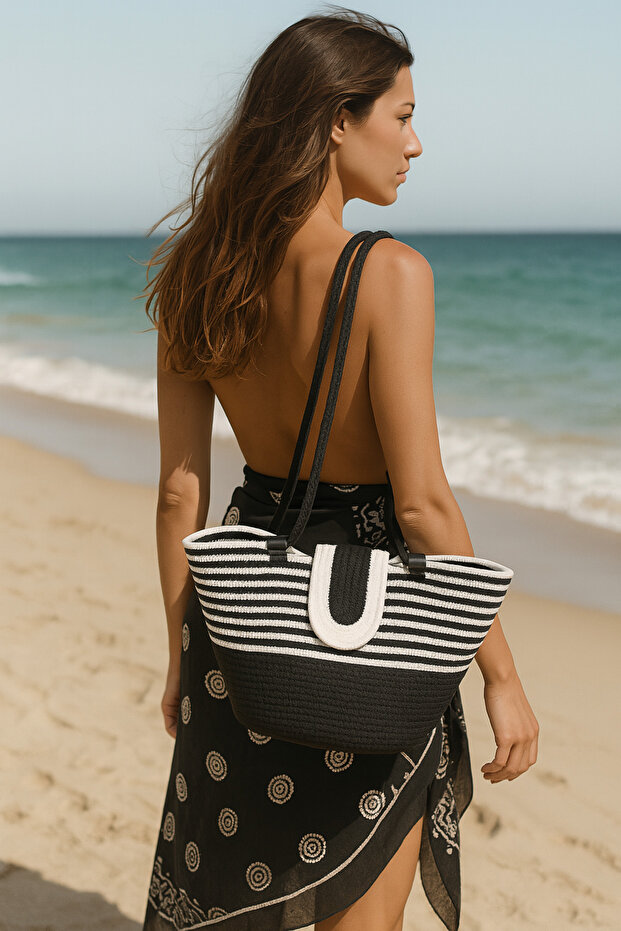Jütip Natural Straw Look Holiday Beach Seasonal Useful Hand Shoulder Bag Size27.Gnş40.Içdrnlk25Cm