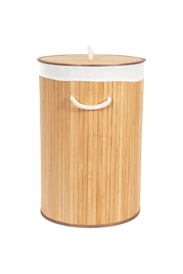 Foldable Round Bamboo Laundry Basket with Lid - 3