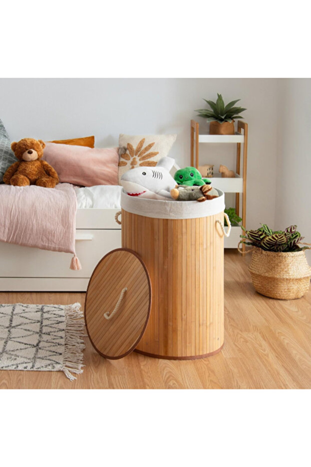 Foldable Round Bamboo Laundry Basket with Lid - 6