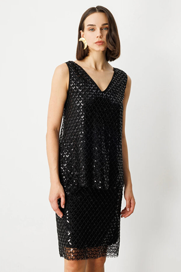 Ön Arka V Yaka Pullu Bluz Siyah-3328 - 1