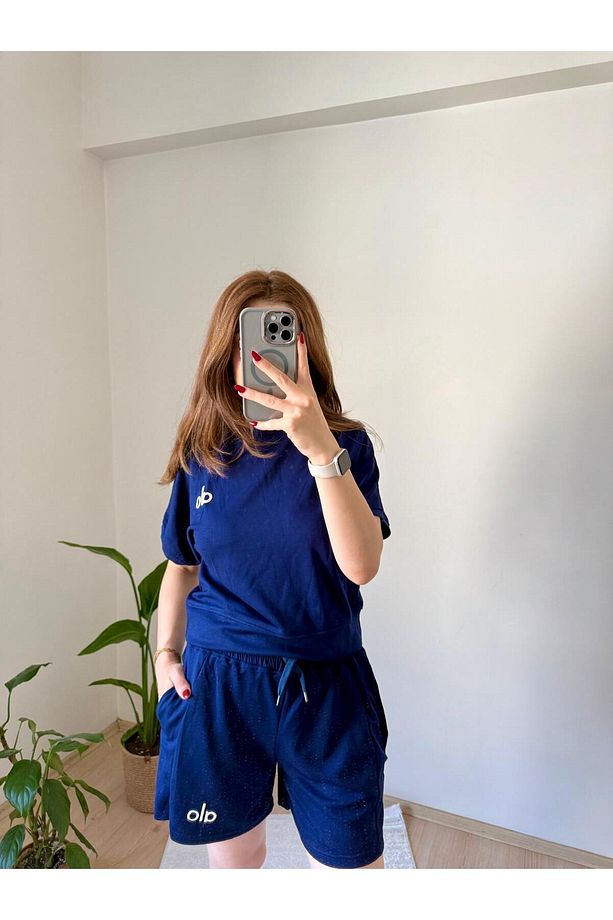 Kadın Lacivert Şortlu Spor Takım - Yazlık Oversize Tişört & Cepli Şort - 2