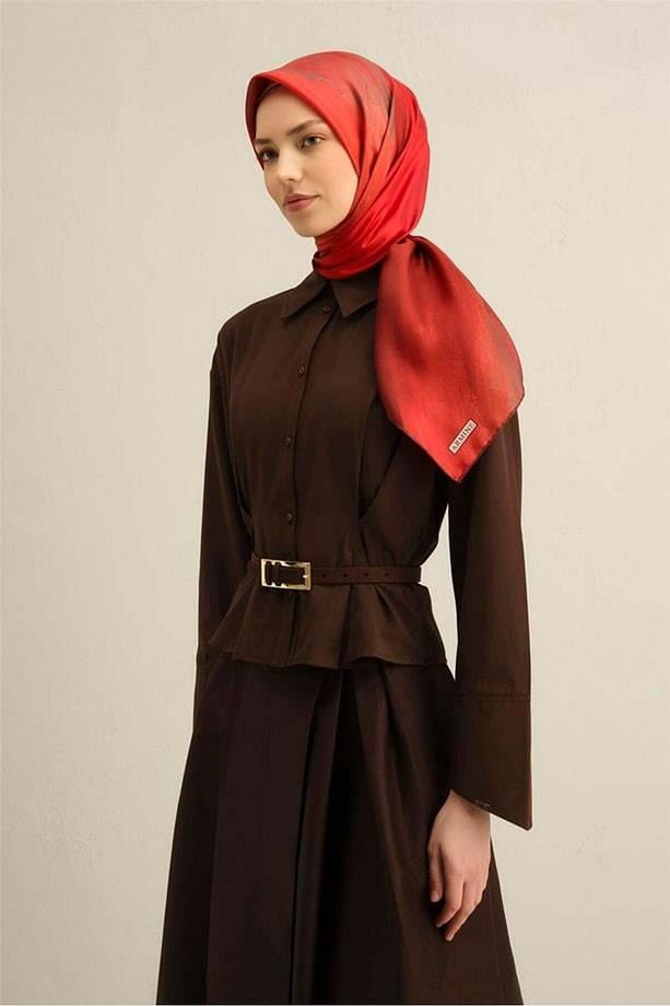 Desenli Saf Ipek Twill Eşarp 9308 34 - 1