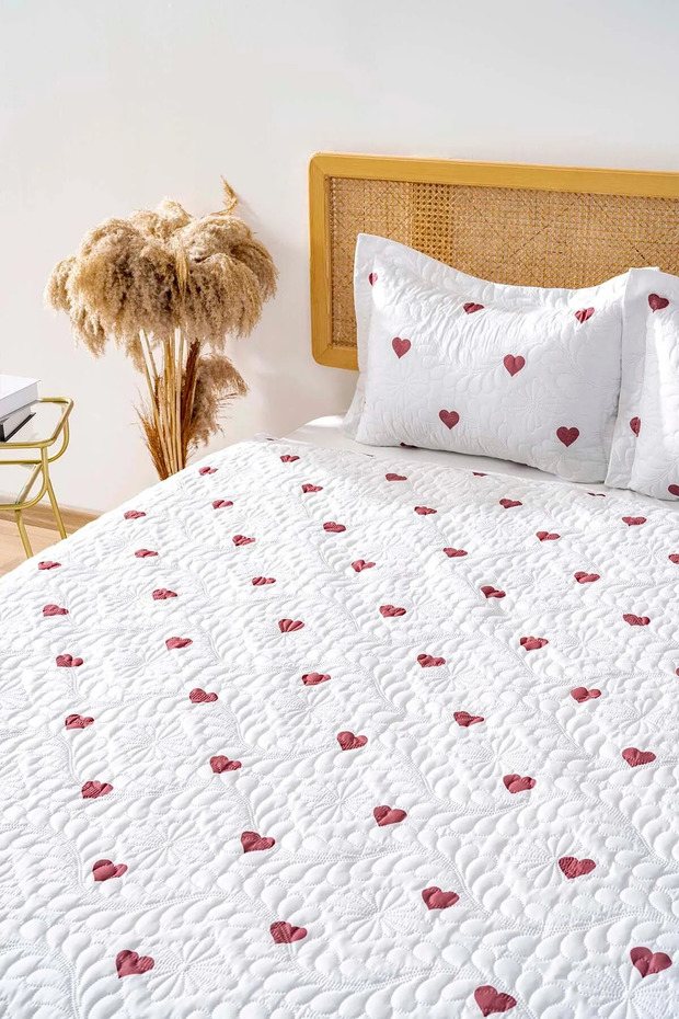 Lovely Çift Kişilik Mikro Uyku Seti 3 Parça Kalpli Yatak Örtüsü Seti - 4