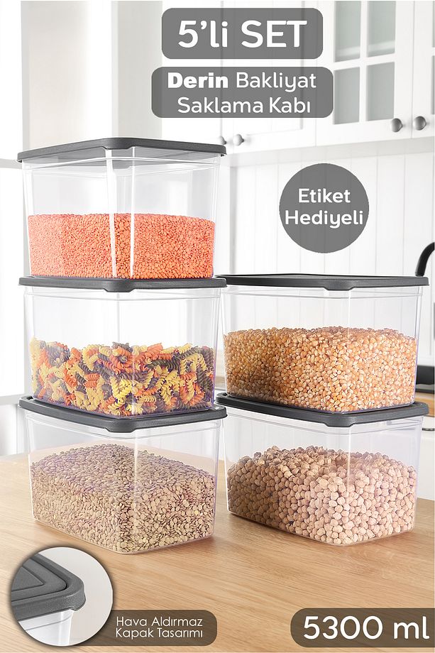 5 Adet Etiketli Derin Erzak Saklama Kabı - Bakliyat Un Kabı Büyük Boy Erzak Kutusu 5300 ml Şeffaf - 1