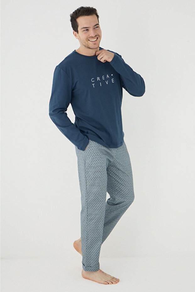 Lacivert Regular/Normal Kesim Creative Yazı Baskılı Örme Pijama Takımı TMNAW25PT00067 - 1