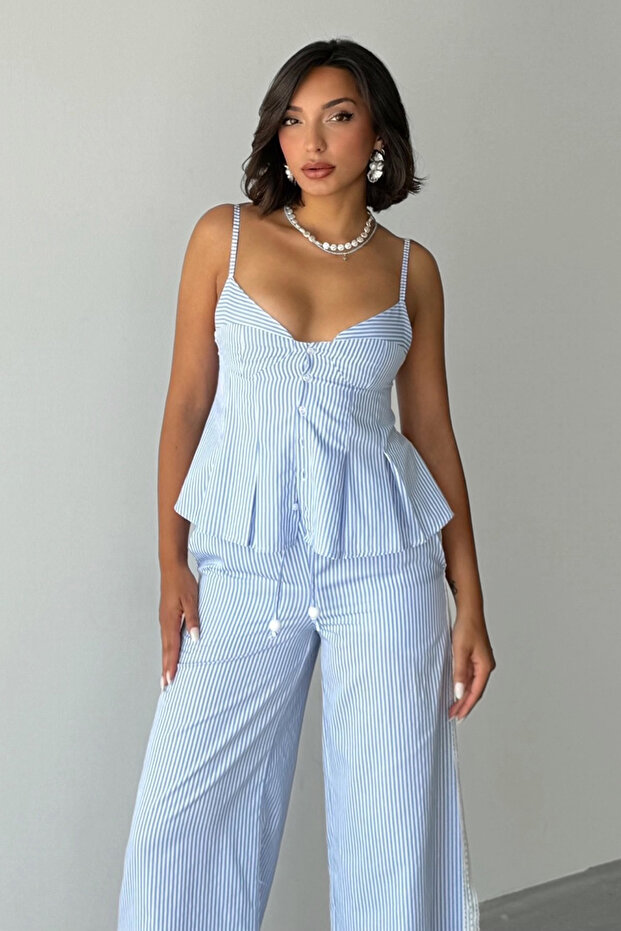 Mavi Çizgili Askılı Bluz Pantolon Dokuma Alt - Üst Takım TWOSS25AU00123 - 3