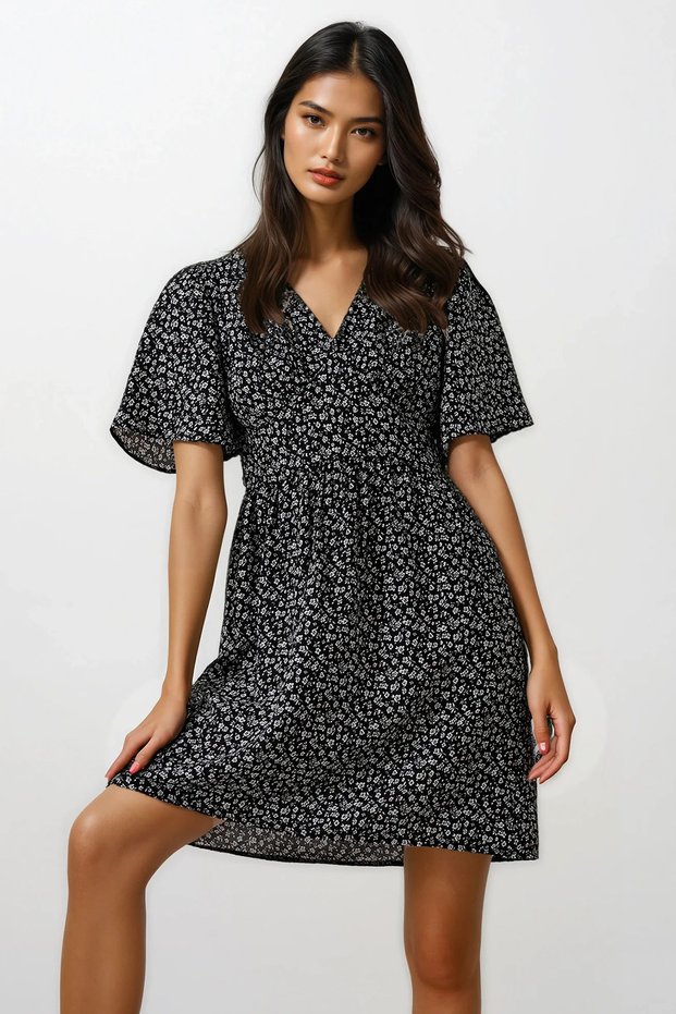 Women's Black V-Neck Short Sleeve Floral Print Skirt Flounced Woven Dress Alc-X11742