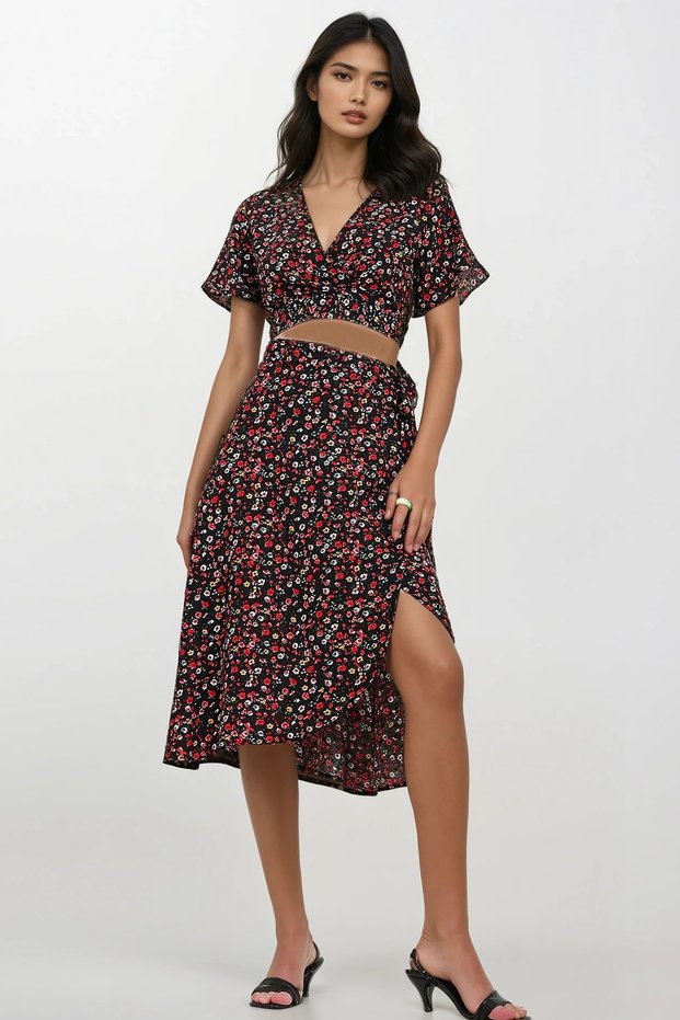 Women's Black Double-breasted Collar Floral Patterned Blouse and Ruffled Skirt Woven Viscose Suit ALC-X11592