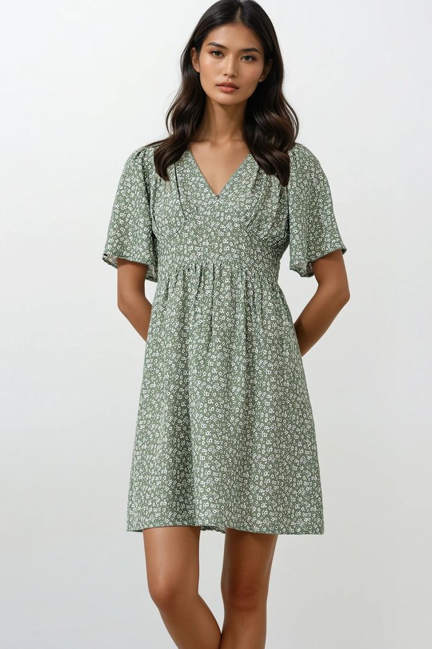 Women's Khaki V-Neck Short Sleeve Floral Patterned Skirt Flounced Woven Dress Alc-X11742