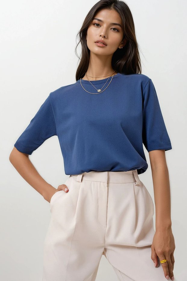 Women's Indigo Crew Neck Half Sleeve Knitwear Blouse Alc-X12504