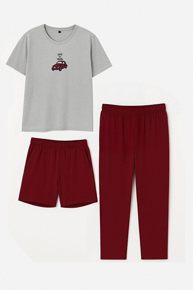 Gri - Bordo Regular Fit Nakışlı Örme 3 lü Pijama Takımı TMNAW25PT00024 - 2